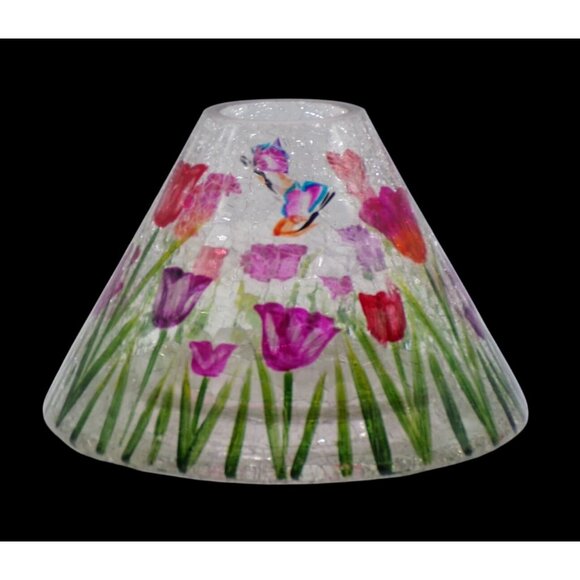 Yankee Candle Tulips Butterflies Ladybugs Crackle Glass Handpainted Topper Shade - Picture 2 of 5
